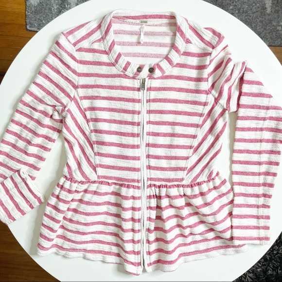 Free People Stripe Peplum Zip Up Crewneck Jacket Cream Red Size XS - Picture 1 of 8